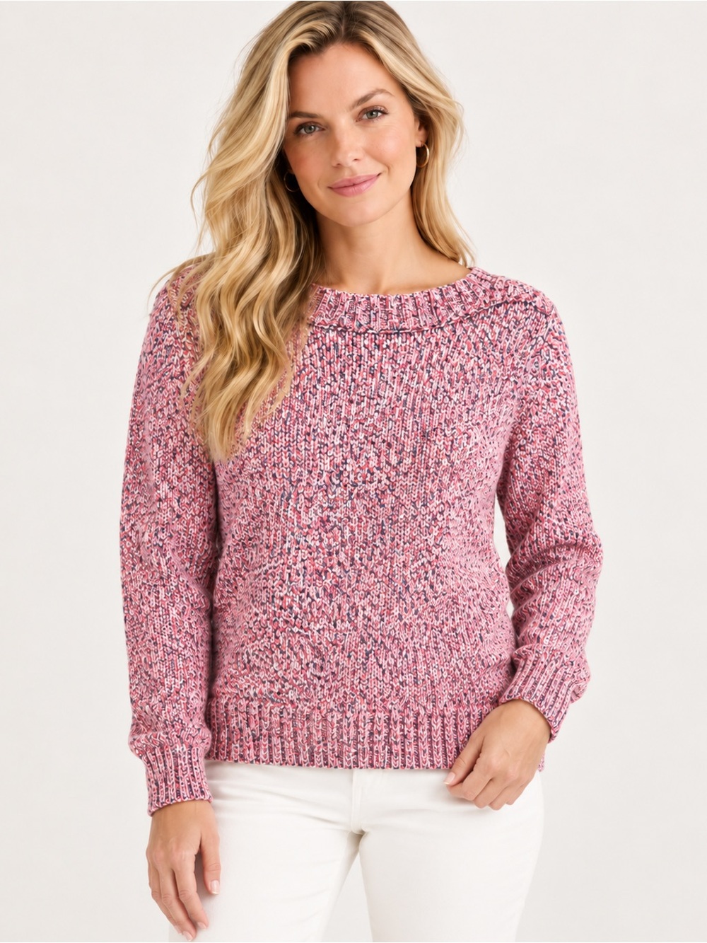 Tommy Bahama Women’s Boat Neck Marled Knit Sweater Pink Navy White S/P